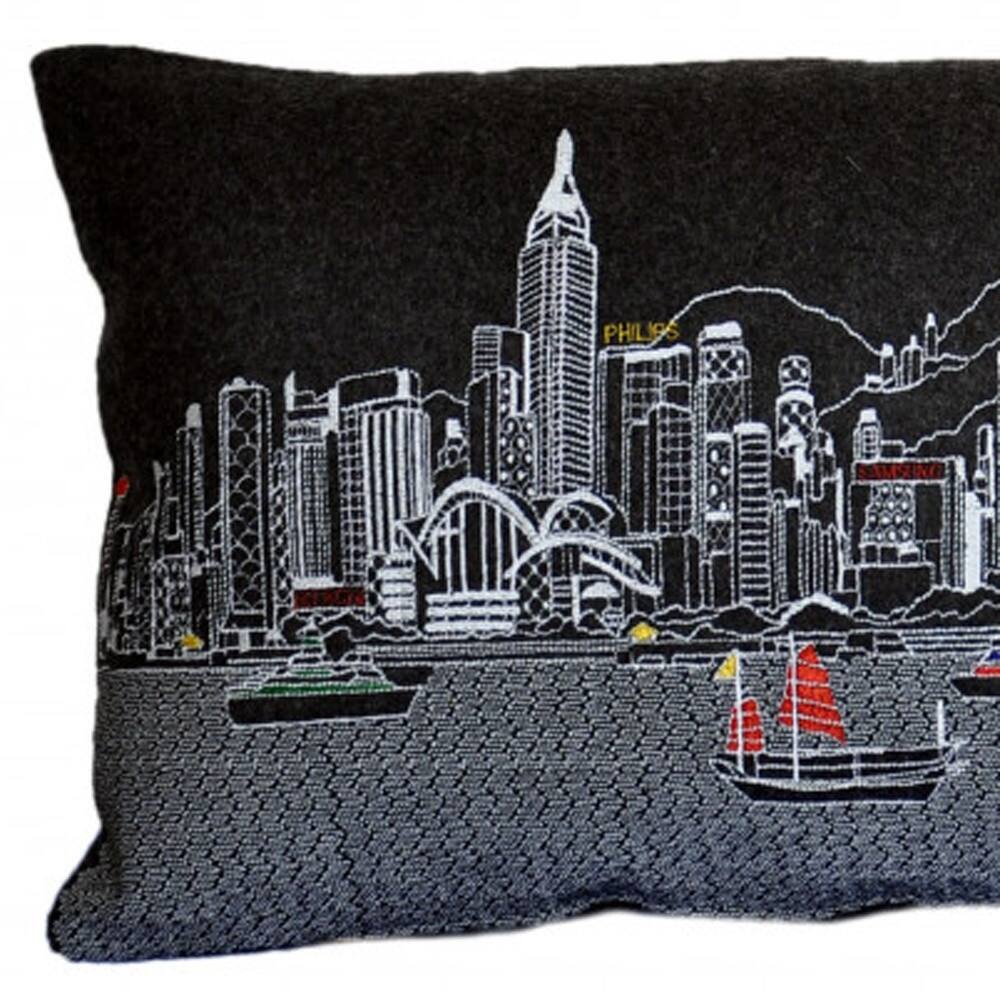 35" Black Hong Kong Nighttime Skyline Lumbar Decorative Pillow Bed